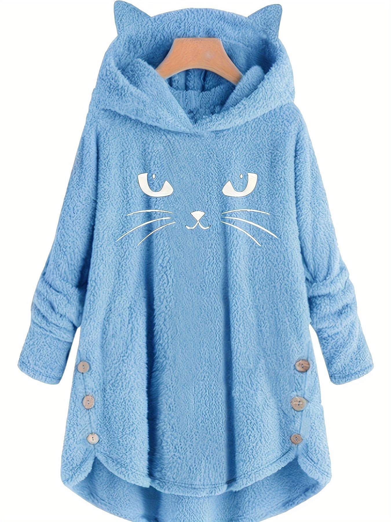 cat print dipped hem plush hoodie casual long sleeve button hoodie sweatshirt womens clothing details 3