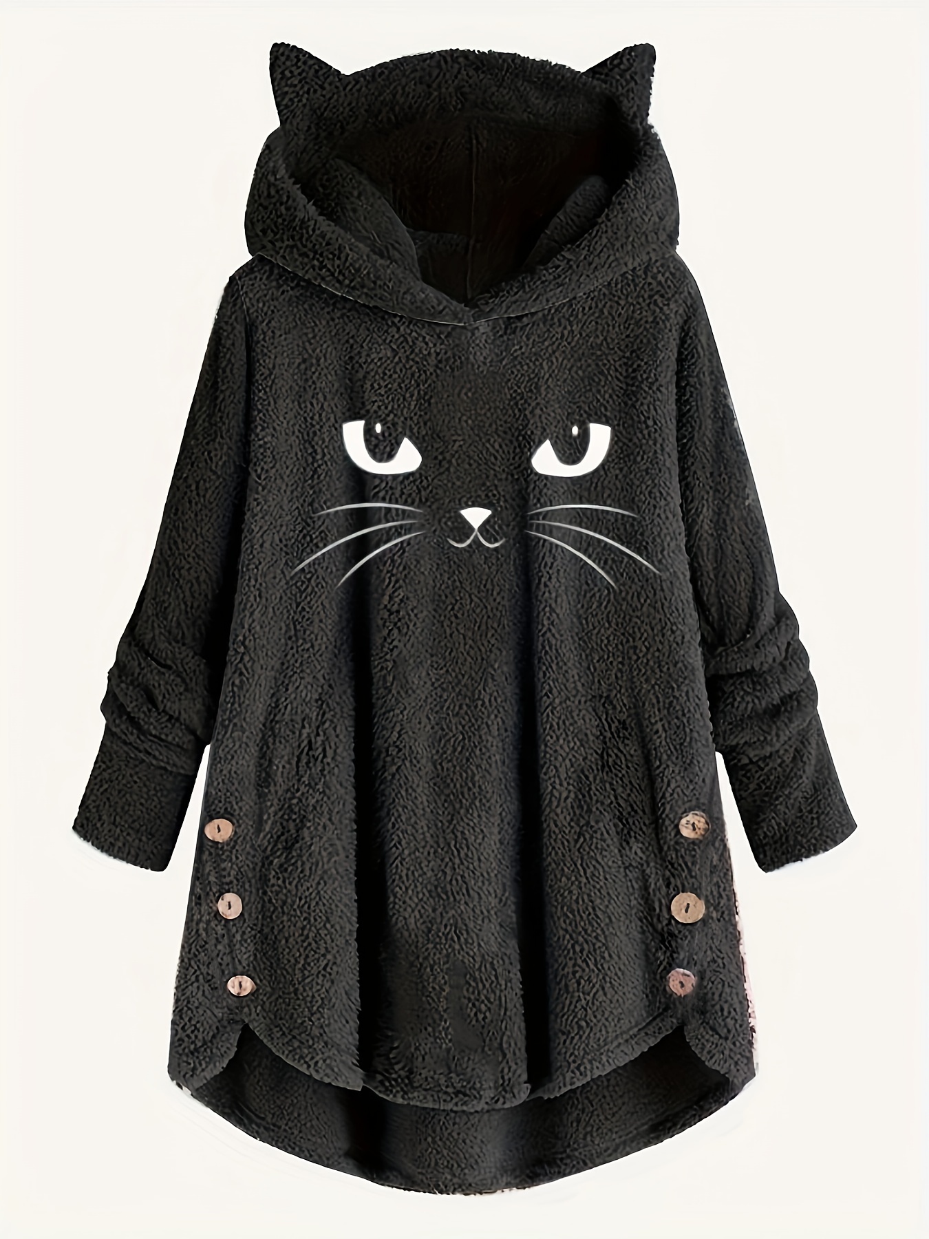cat print dipped hem plush hoodie casual long sleeve button hoodie sweatshirt womens clothing details 6