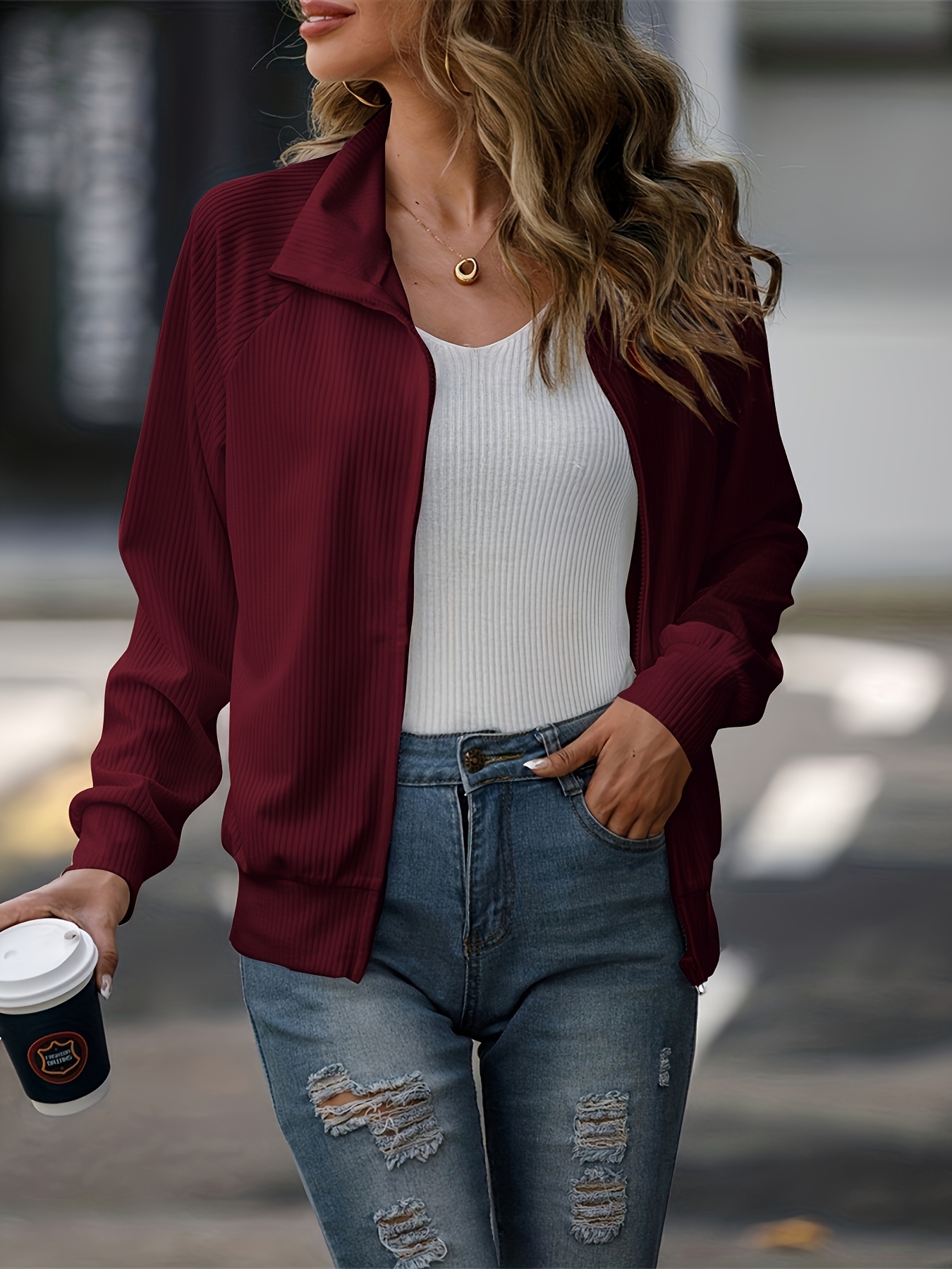 solid zip up lapel sweatshirt casual raglan sleeve jacket for fall winter womens clothing details 16