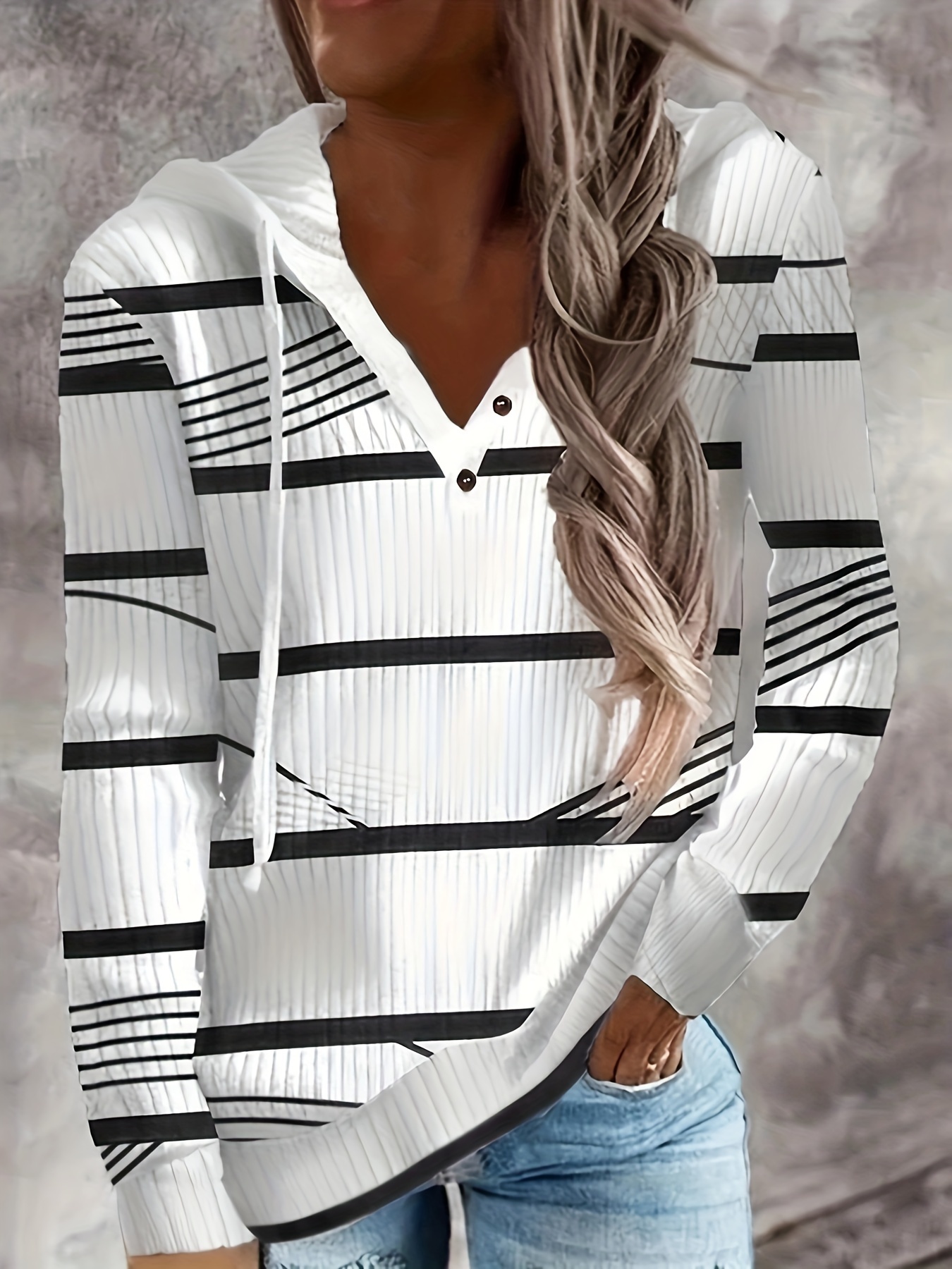 stripe print drawstring hoodie casual button front long sleeve hoodies womens clothing details 1