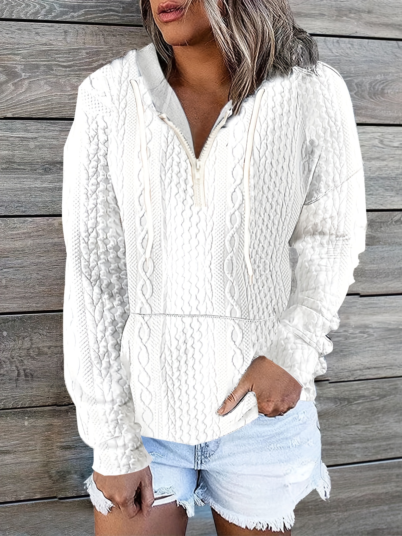 cable knit quarter zip hoodie casual long sleeve drawstring hoodies sweatshirt womens clothing details 31