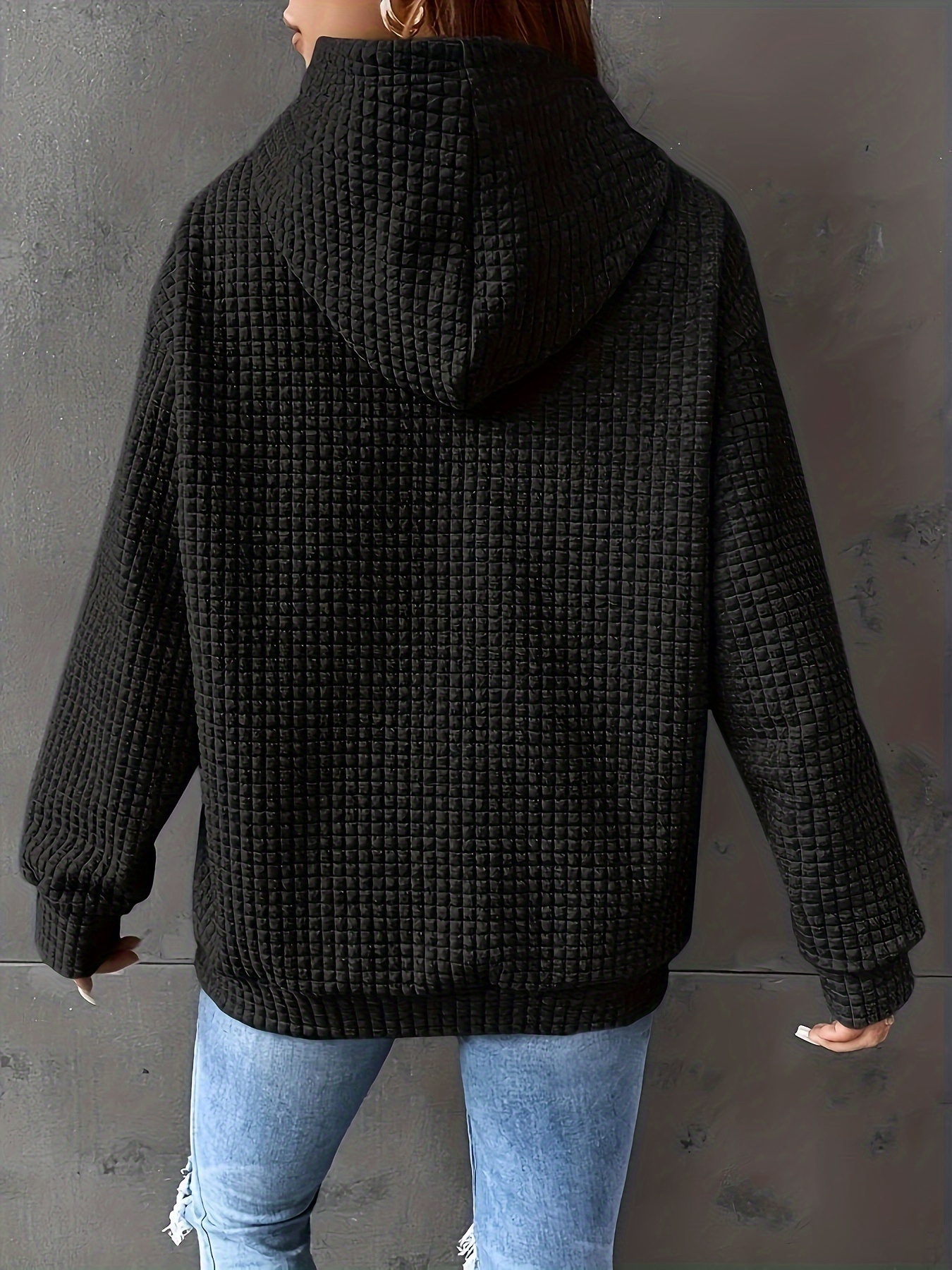 letter print waffle drawstring hoodie casual long sleeve pocket sweatshirt womens clothing details 0