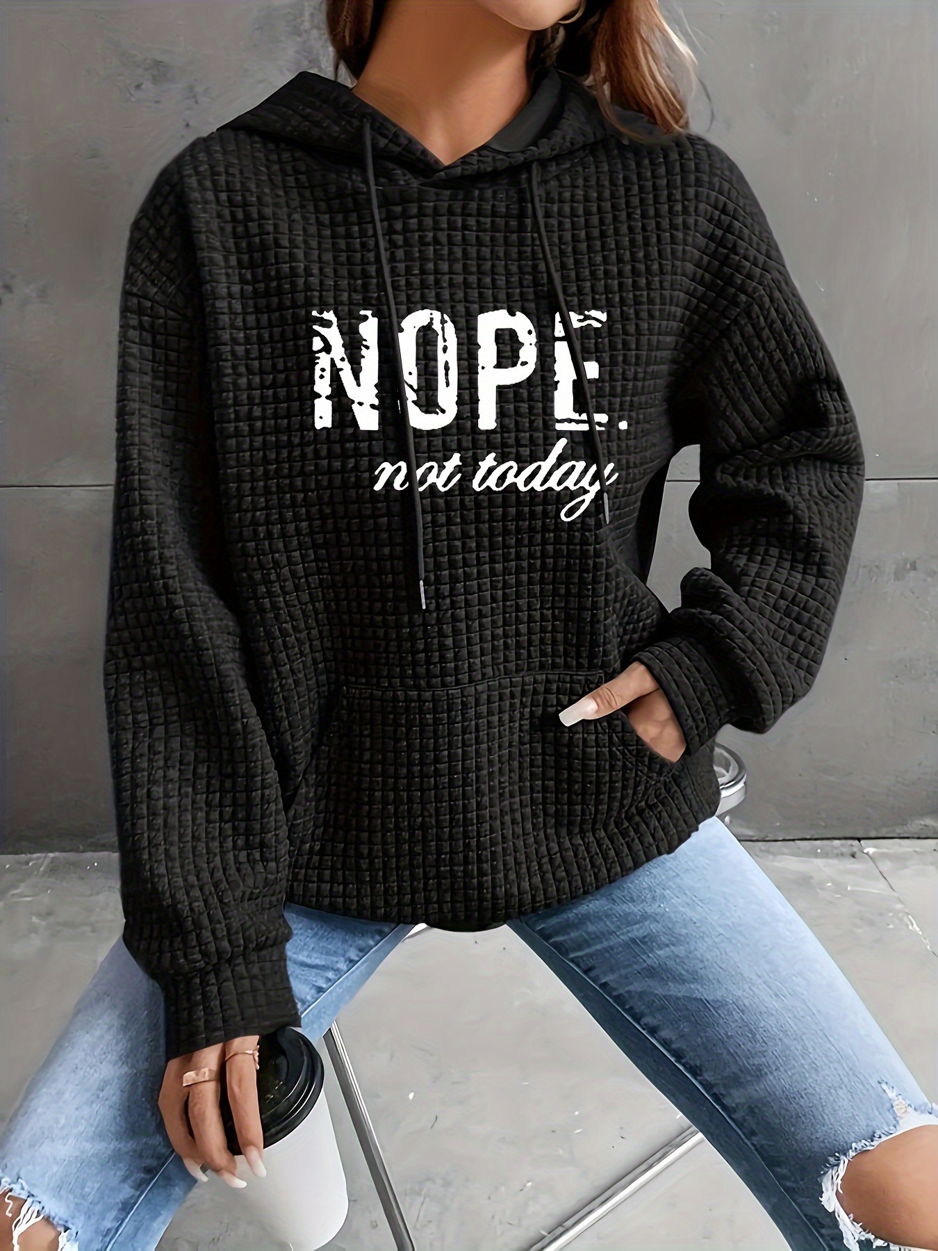 letter print waffle drawstring hoodie casual long sleeve pocket sweatshirt womens clothing details 1