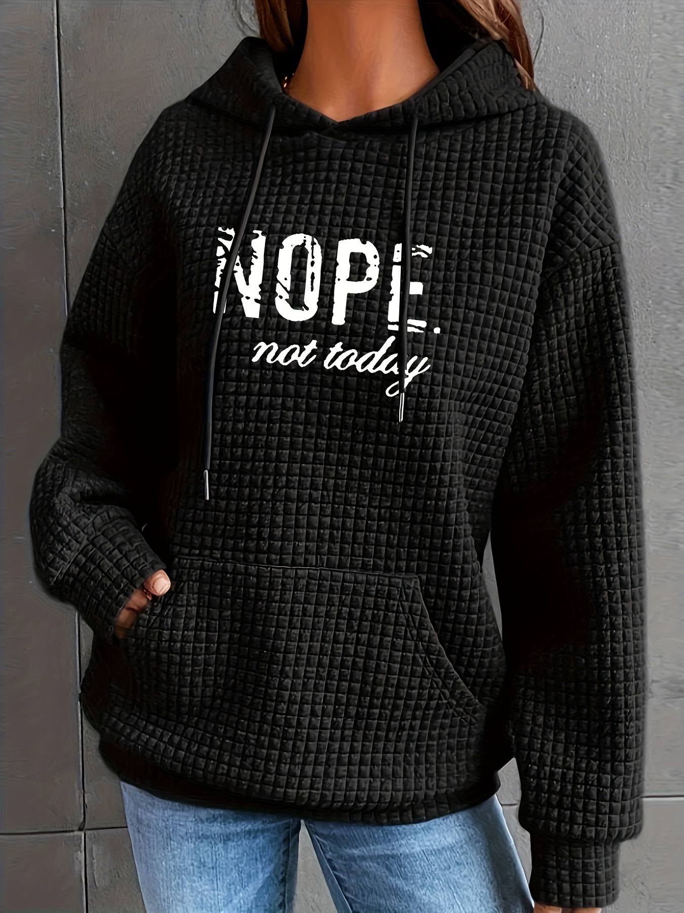 letter print waffle drawstring hoodie casual long sleeve pocket sweatshirt womens clothing details 2