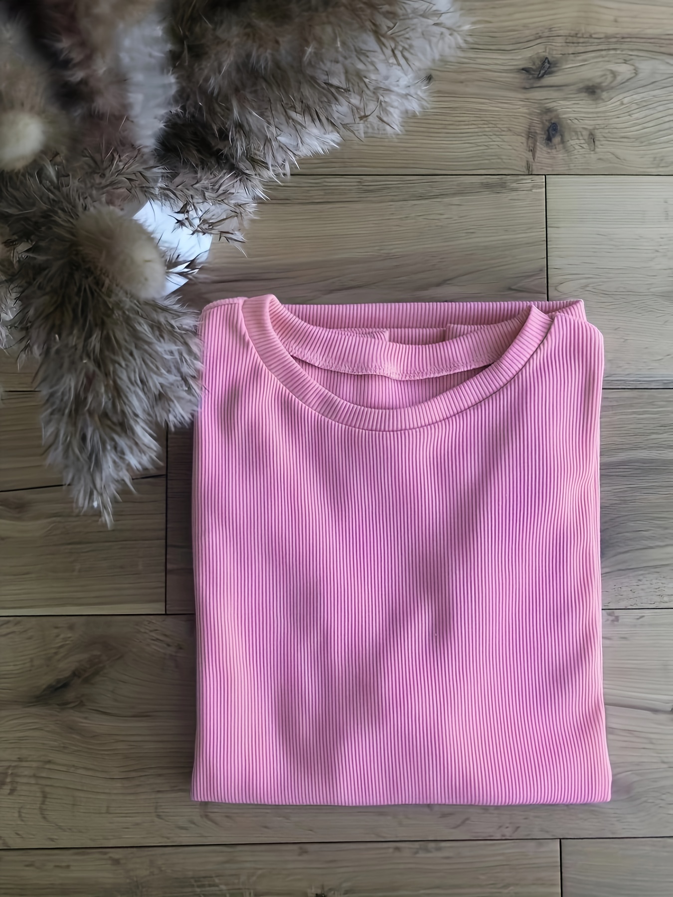 solid textured crew neck sweatshirt casual long sleeve loose sweatshirt womens clothing details 4