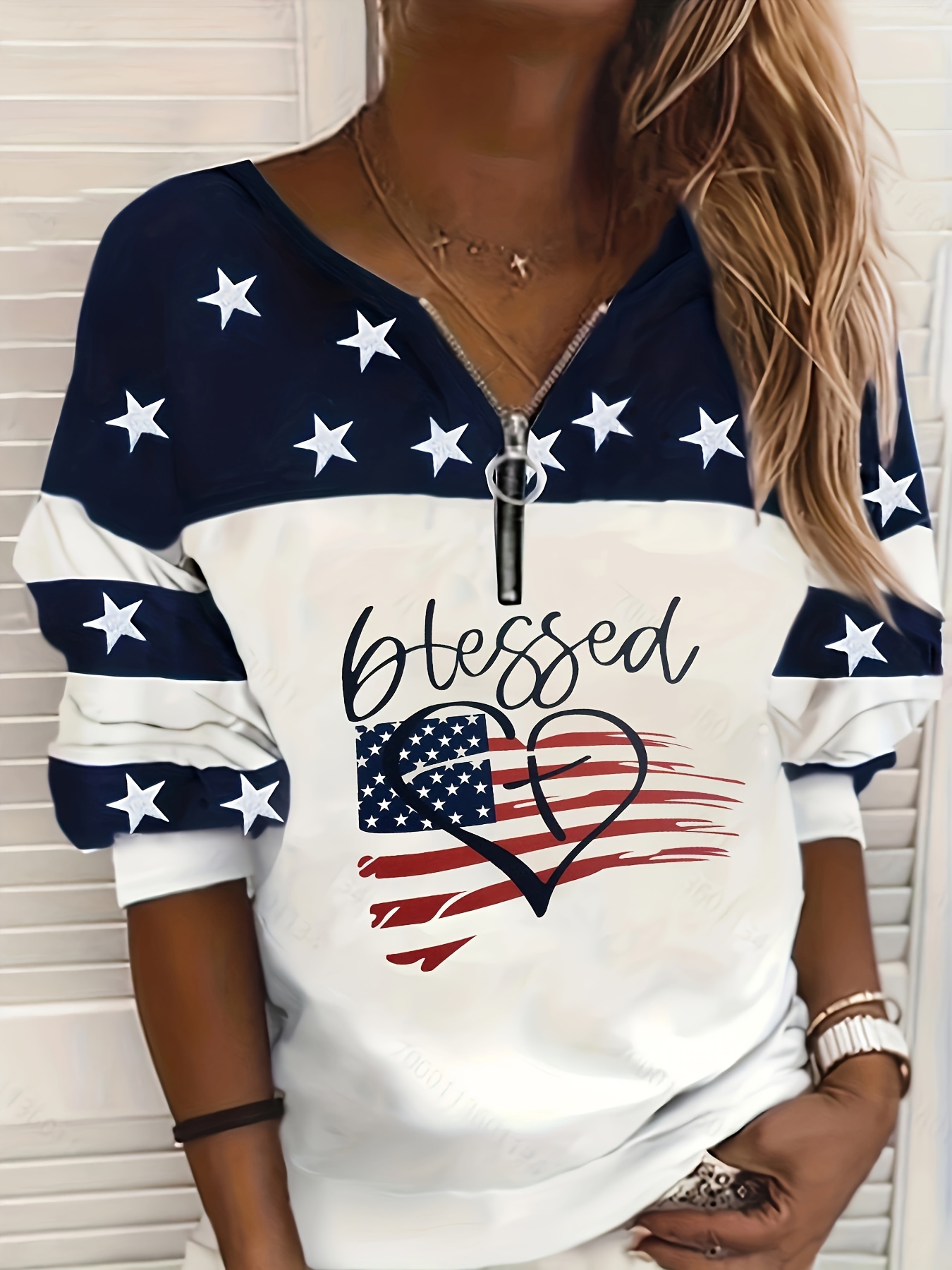 american flag print quarter zip sweatshirt casual long sleeve sweatshirt for fall winter womens clothing details 1
